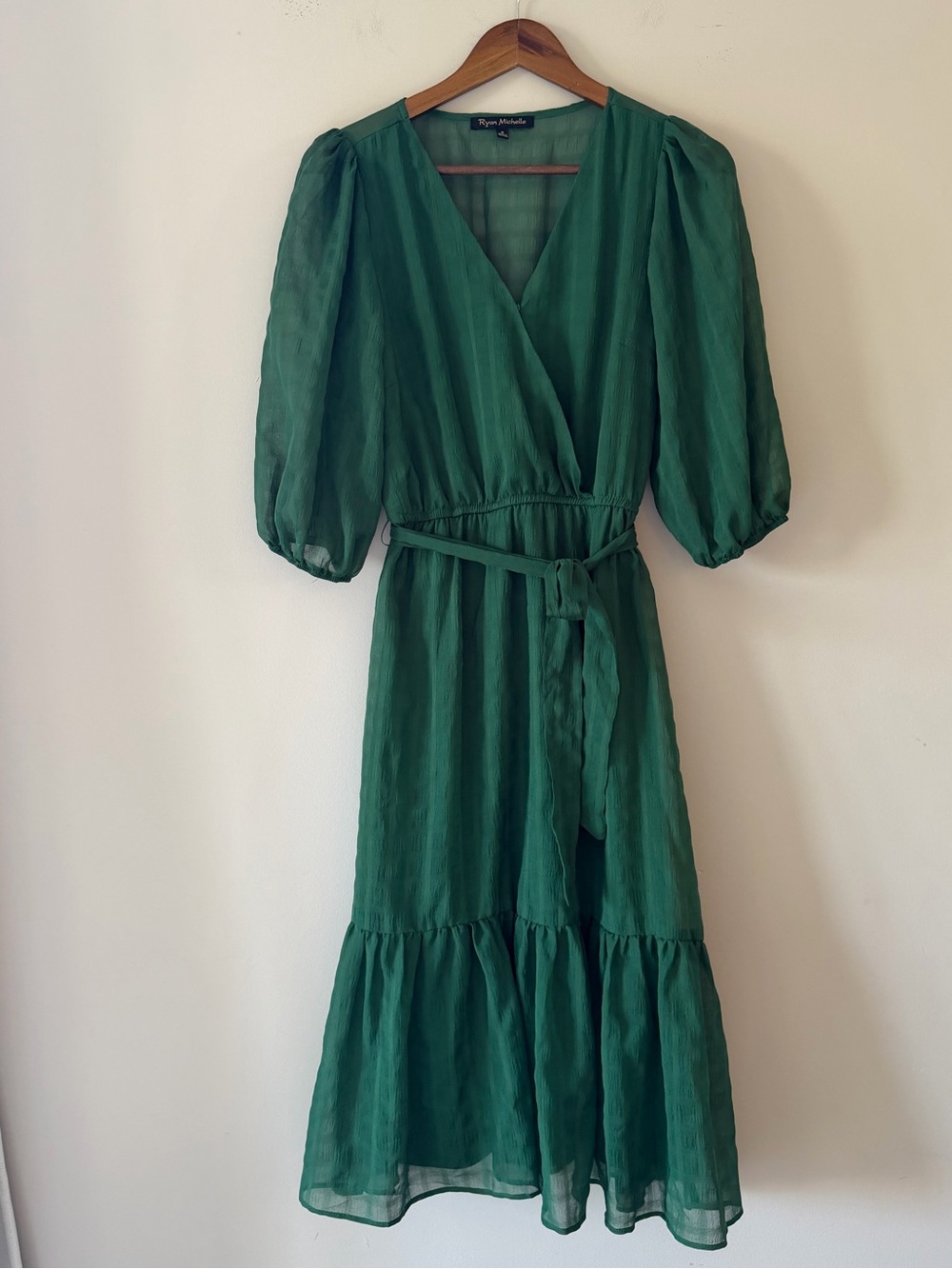 Ryan Michelle Emerald Green Midi Dress with Puff Sleeves and Belt Size Small